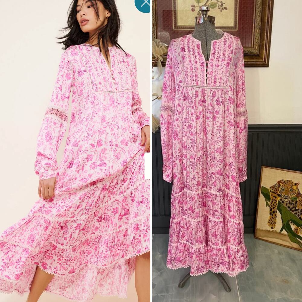 ✨ Anthropologie Payal Jain Pink Floral Boho Long Sleeve Midi Dress Sz M